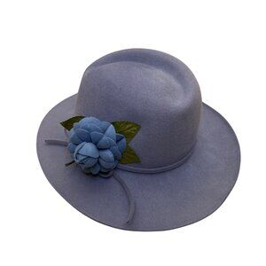 Vintage Adolfo II Womens Light Blue Wool Wide-Brim Hat Floral Accent Retro Style